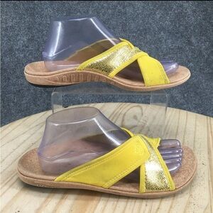 Spenco Sandals Women’s 6 Slide Flats Slip On Yellow Fabric Cork Casual Comfort